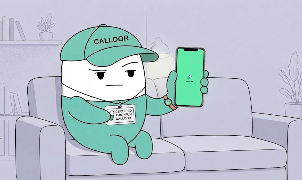 Calloor on the couch holding a phone with pump.fun open