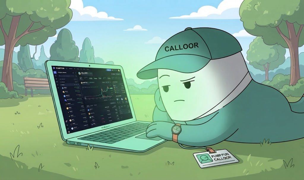 Calloor in the park with a laptop open on pump.fun